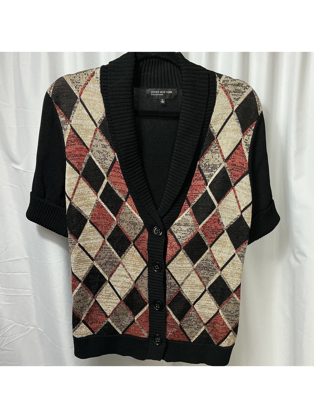 Jones New York Women’s M Argyle Cardigan Sweater Black preppy casual office